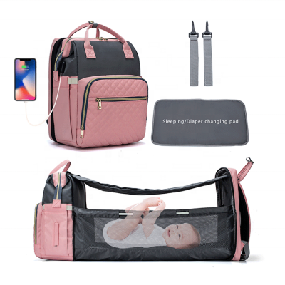 Multifunctional Geometric Baby Diaper Bag Changing Bed Usb Diaper Bag Crib Backpack Foldable Sleeping Bed With Changing Pad